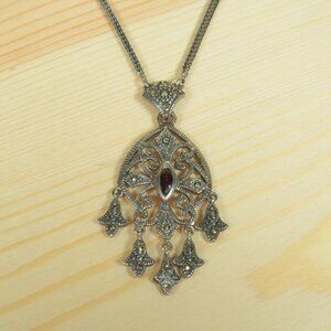 VTG CFJ Sterling 925 Marcasite Filigree Marquise Garnet Foxtail 16.5" Necklace